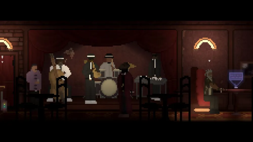 The band playing on stage in the speakeasy